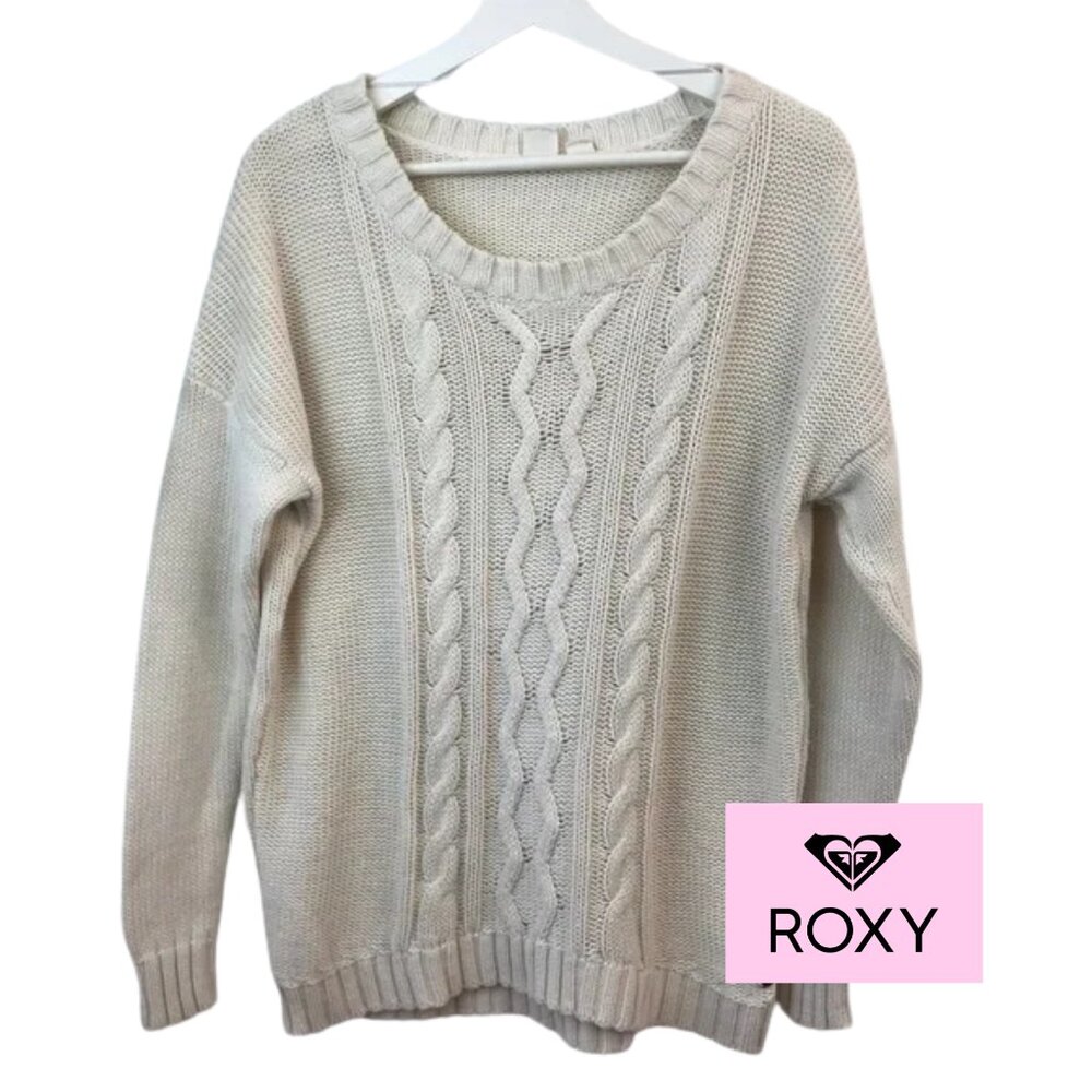 Roxy Cotton Blend Cable Knit Sweater Thin Sleeves, Crew Neck, Cream Color, Large